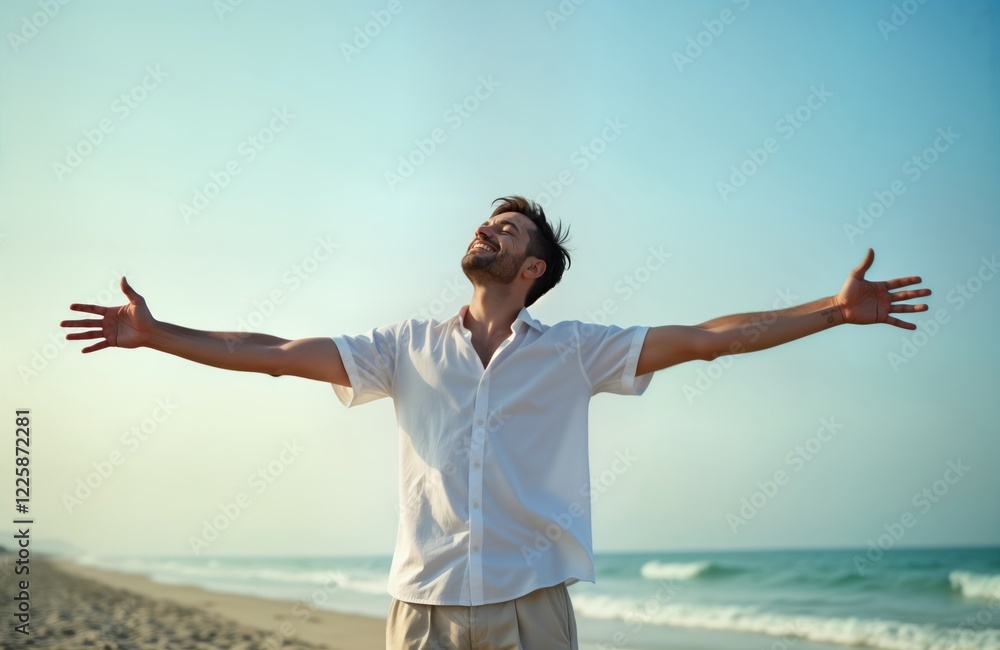 Young man stands on beach with arms outstretched enjoying fresh air. He is happy and carefree. Daytime sunny weather. Vacation lifestyle concept. He has a relaxed expression. Young man stands on beach with arms outstretched enjoying fresh air. He is happy and carefree. Daytime sunny weather. Vacation lifestyle concept. He has a relaxed expression.