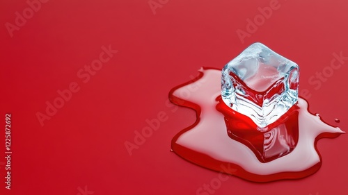 Ice cube melting on red surface, concept of global warming