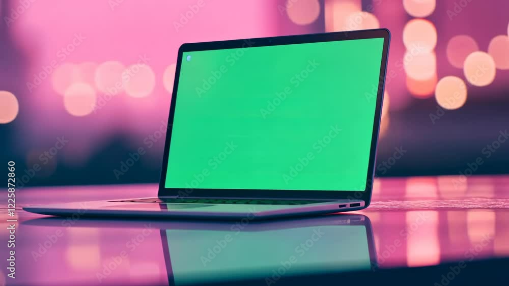 Vibrant Neon Laptop With Green Screen At Night In Urban Setting With Blurred Lights For Creative Display And Design Purpose, Featuring Modern Technology And Sleek Innovation Vibrant Neon Laptop With Green Screen At Night In Urban Setting With Blurred Lights For Creative Display And Design Purpose, Featuring Modern Technology And Sleek Innovation