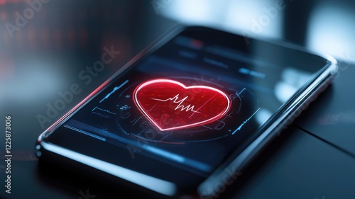 Phone displaying heart with electrocardiogram, health app concept