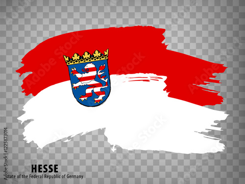 Flag Hesse of Germany, brush stroke background.  Waving Flag Hesse with Coat of arms and with title on tranparent backrgound  for your web site design, logo, app, UI.  EPS10.
