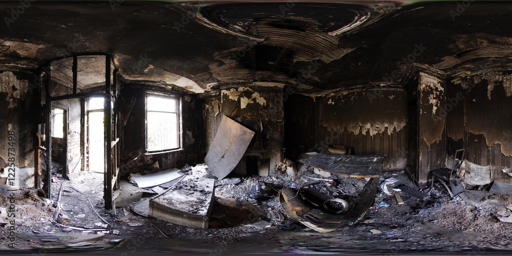 360 Degree panoramic sphere photo taken of an extremely run down property that has had a massive fire showing the burnt walls floors and furniture in the living room area of the fire damaged house