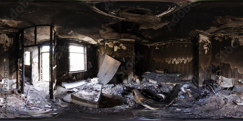 Obraz na płótnie 360 Degree panoramic sphere photo taken of an extremely run down property that has had a massive fire showing the burnt walls floors and furniture in the living room area of the fire damaged house w salonie