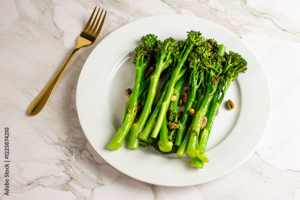 Top view of a plate with broccolini Top view of a plate with broccolini