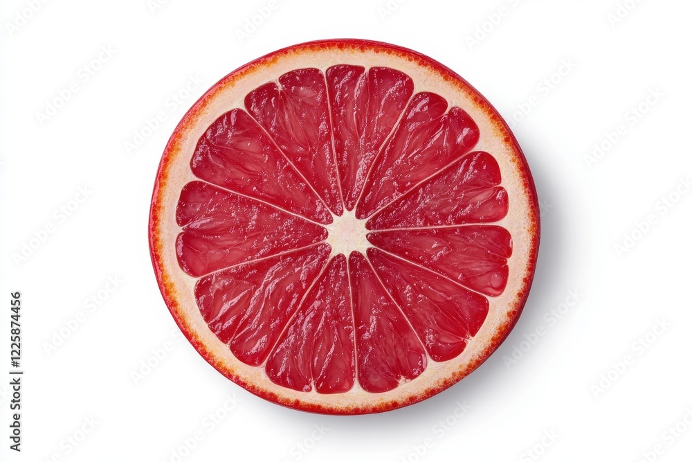 Single round slice of red grapefruit on a white background with shadow Macro perspective Design feature Single round slice of red grapefruit on a white background with shadow Macro perspective Design feature