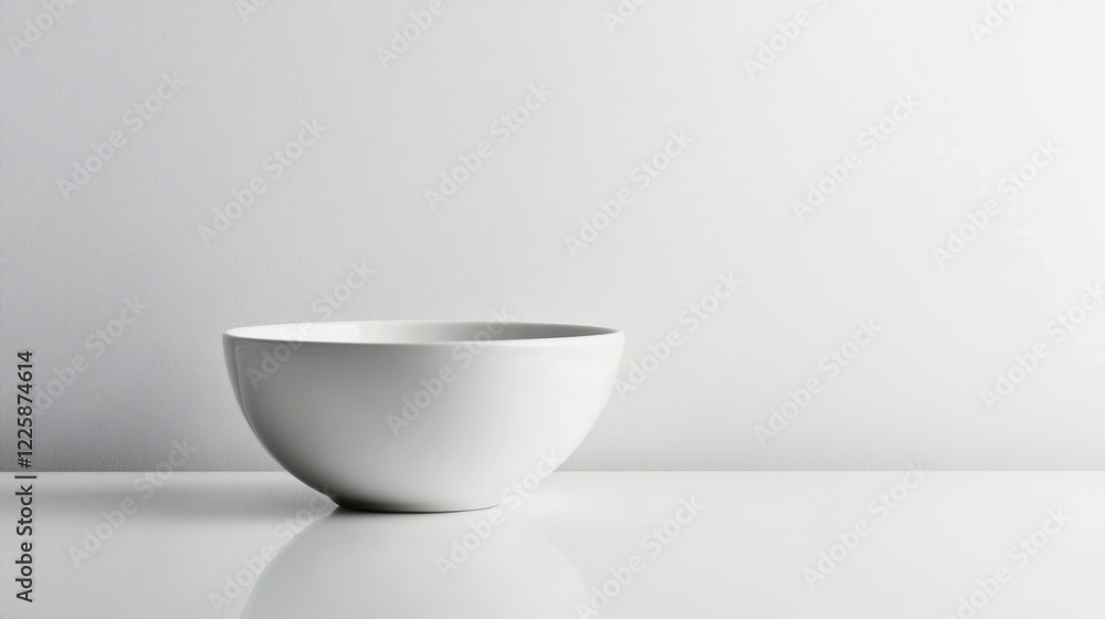 Minimalist and high-key fisheye photo featuring a pristine white ceramic bowl placed on a reflective surface, offering ample copyspace against a clean white backdrop Minimalist and high-key fisheye photo featuring a pristine white ceramic bowl placed on a reflective surface, offering ample copyspace against a clean white backdrop