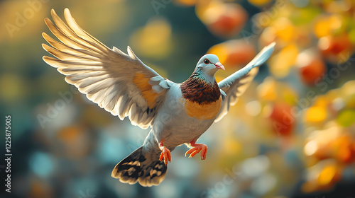 Colorful pigeon in flight, autumn garden background. Stock photo for nature, wildlife, peace