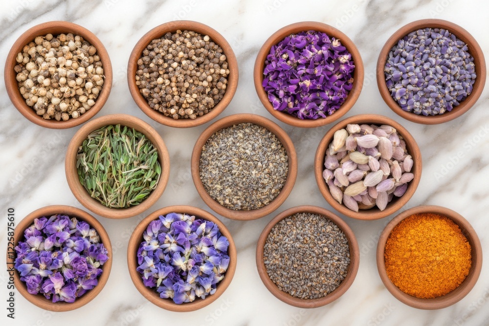 Harmonious arrangement of dried herbs and spices in rustic bowls showcasing earthy color palette Harmonious arrangement of dried herbs and spices in rustic bowls showcasing earthy color palette