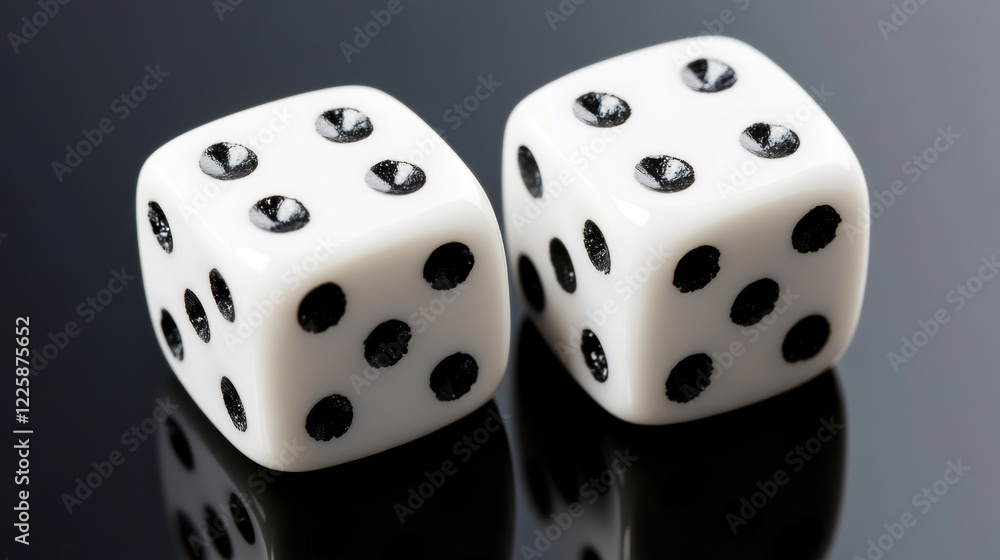 Two white dice are lying on a reflective black surface, each showing the number four, creating a symmetrical and minimalist composition with copyspace Two white dice are lying on a reflective black surface, each showing the number four, creating a symmetrical and minimalist composition with copyspace