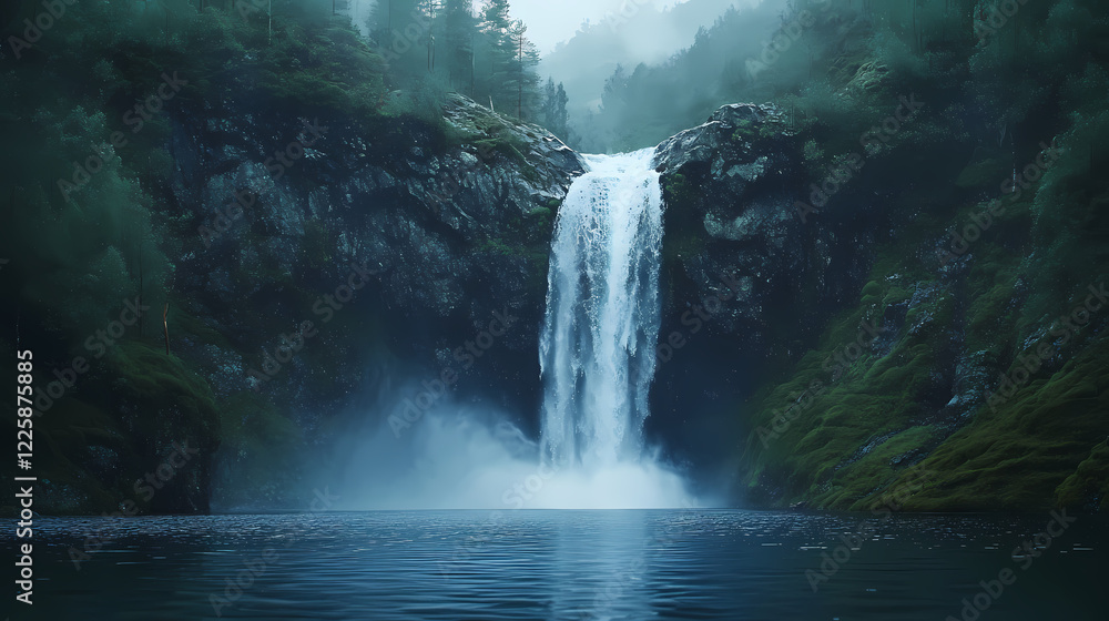 A waterfall that falls into the lake. Heavenly Falls. Illustration A waterfall that falls into the lake. Heavenly Falls. Illustration