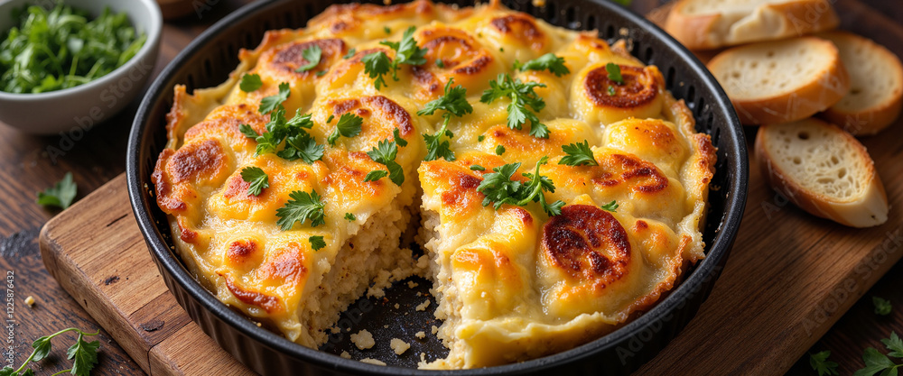 Delicious endive gratin served with bread on wooden board, family feast Delicious endive gratin served with bread on wooden board, family feast