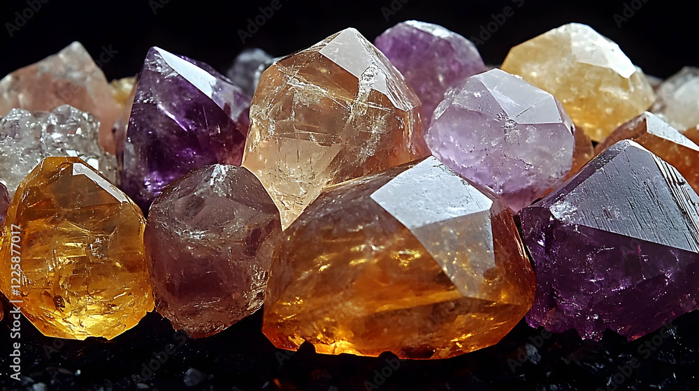 Colorful quartz crystals, close-up, dark background, gemstone collection, jewelry design Colorful quartz crystals, close-up, dark background, gemstone collection, jewelry design