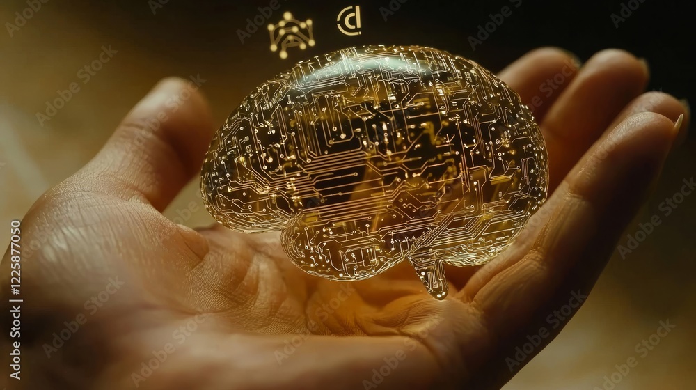 Circuit board in shape electronic brain with gyrus, symbol ai hanging over hand. Symbol of computer neural networks or artificial intelligence in neon cyberspace with glowing title on palm scientist Circuit board in shape electronic brain with gyrus, symbol ai hanging over hand. Symbol of computer neural networks or artificial intelligence in neon cyberspace with glowing title on palm scientist