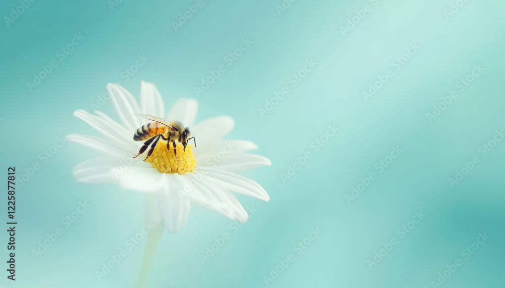 Close-up minimalist photograph of a honeybee pollinating a soft white flower with a blurred light blue background, ideal for conveying concepts related to nature, pollination, and spring Close-up minimalist photograph of a honeybee pollinating a soft white flower with a blurred light blue background, ideal for conveying concepts related to nature, pollination, and spring