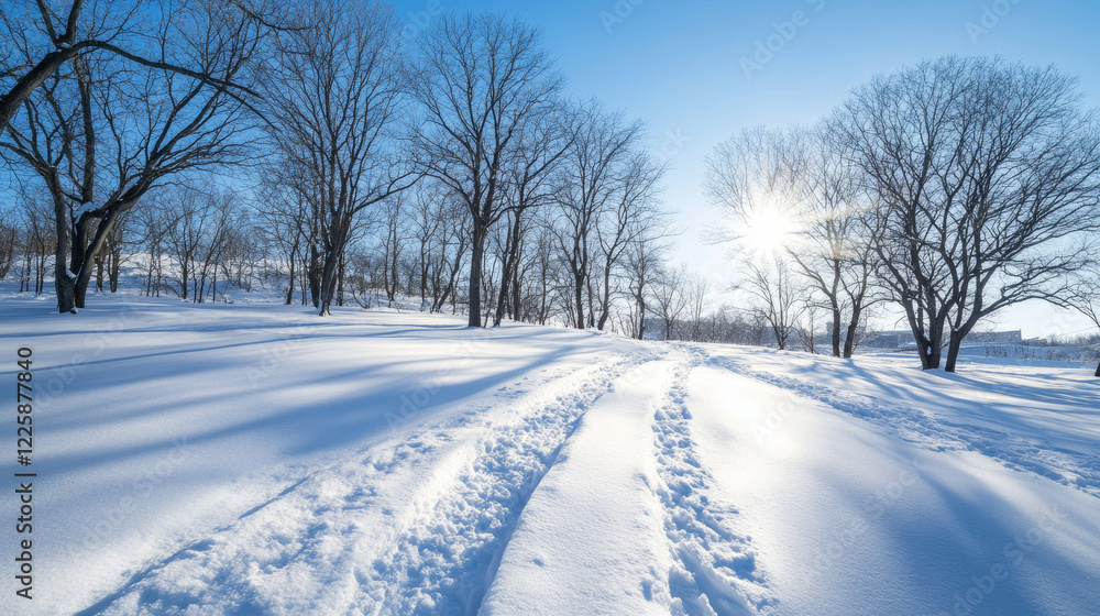 Snow-covered path winding through bare trees, casting long shadows on the pristine snow, while sunlight filters through branches against a backdrop of clear blue sky on a winter day Snow-covered path winding through bare trees, casting long shadows on the pristine snow, while sunlight filters through branches against a backdrop of clear blue sky on a winter day