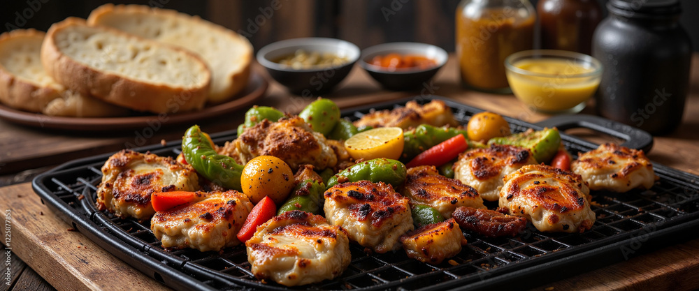 Grilled vegetables and chicken on rustic table, family-style feast Grilled vegetables and chicken on rustic table, family-style feast