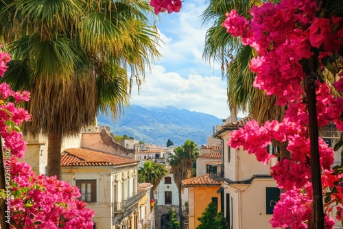 Taormina s palm trees and pink blooms photo