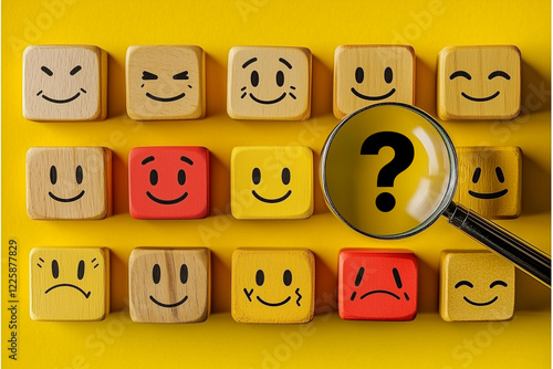 Wooden and colorful square blocks with various emoji faces on a yellow background. A magnifying glass highlights a question mark. Concept of emotions, mental health, decision-making, and individuality