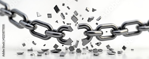 Metal chain breaks apart in powerful action. Pieces fly in air. Symbolises liberation breaking of limitations. Silver grey metal looks strong but weak in moment of crisis. White background isolates