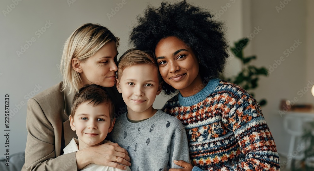 Diverse family bonding scene with two women embracing children in cozy home setting Diverse family bonding scene with two women embracing children in cozy home setting