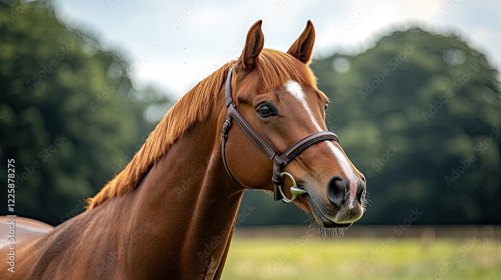 Obraz premium Beautiful chestnut horse posing in a sunny field surrounded by trees in summer