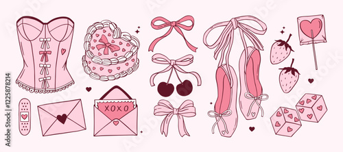 Coquette Pink Valentines day hand drawn set. Cherry, trendy bows, heart shaped cake, lollipop, love letter, envelope, ballet shoes, kawaii strawberries, corset, dice. Vector girly vintage illustration