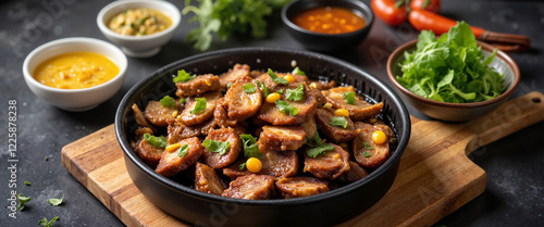 Wallpaper Mural Delicious pork dish with fresh herbs on rustic board, culinary delight Torontodigital.ca