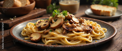 Hearty Zürcher geschnetzeltes pasta topped with mushrooms, cozy kitchen photo