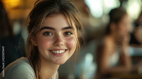 Serene Smile: Youthful Woman with Glimpse of Blurred Background