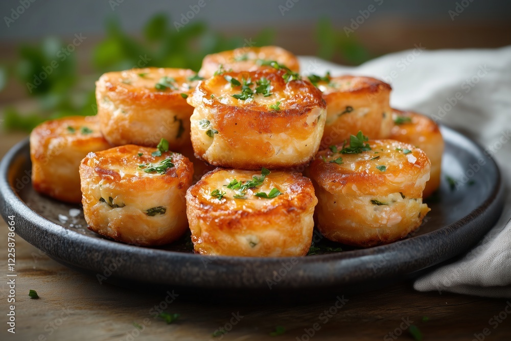rustic arrangement of mini savory breakfast bites placed on a glossy, glazed ceramic plate. Mini quiches with golden, flaky crusts and creamy spinach-and-cheese salmon filling rustic arrangement of mini savory breakfast bites placed on a glossy, glazed ceramic plate. Mini quiches with golden, flaky crusts and creamy spinach-and-cheese salmon filling