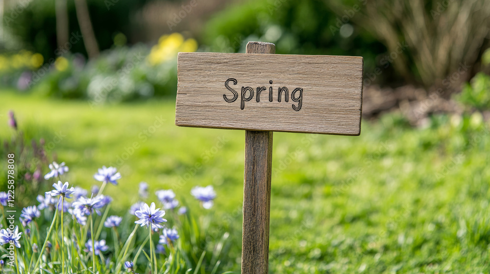 Rustic wooden sign with the word Spring engraved, placed among wildflowers on blurred natural background with fisheye lens effect, celebrating the arrival of the season Rustic wooden sign with the word Spring engraved, placed among wildflowers on blurred natural background with fisheye lens effect, celebrating the arrival of the season
