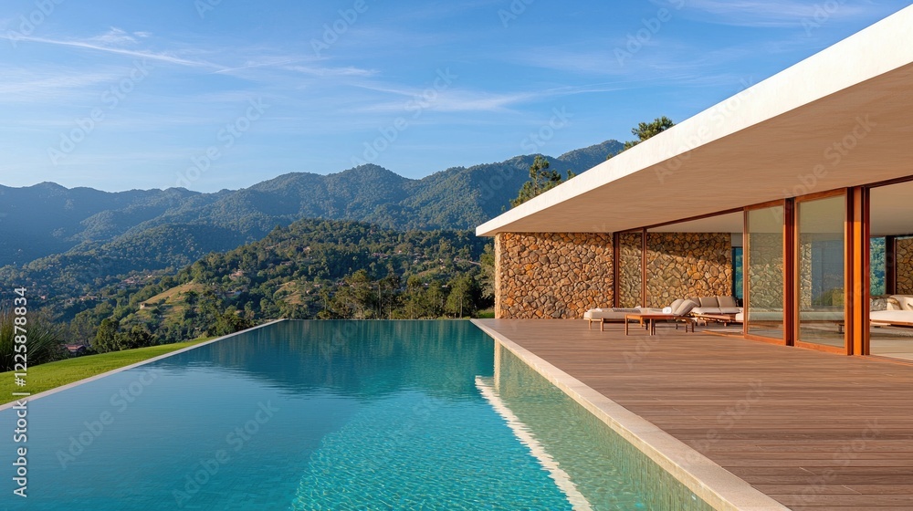 Fototapeta premium Modern luxury villa with an infinity swimming pool and wooden deck overlooking scenic green mountains under a clear blue sky.