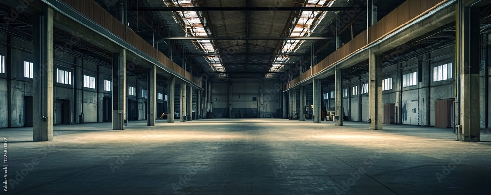 Obraz premium Empty warehouse interior with sunlight shining through windows