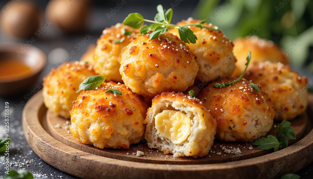 Golden cheese balls on rustic wooden board, delicious comfort food Golden cheese balls on rustic wooden board, delicious comfort food