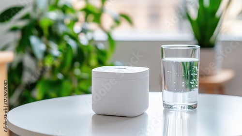 White humidifier and glass of water on table, houseplants in background