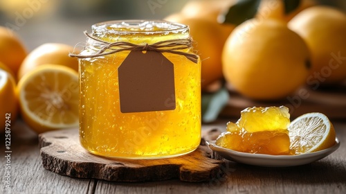 A jar of golden quince marmalade, decorated with a rustic twine bow.