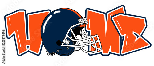 home - orange and navy blue football player helmet, sport vector graphics, hockey, for street art - graffiti lettering typography - art illustration - multicolor - writen	


