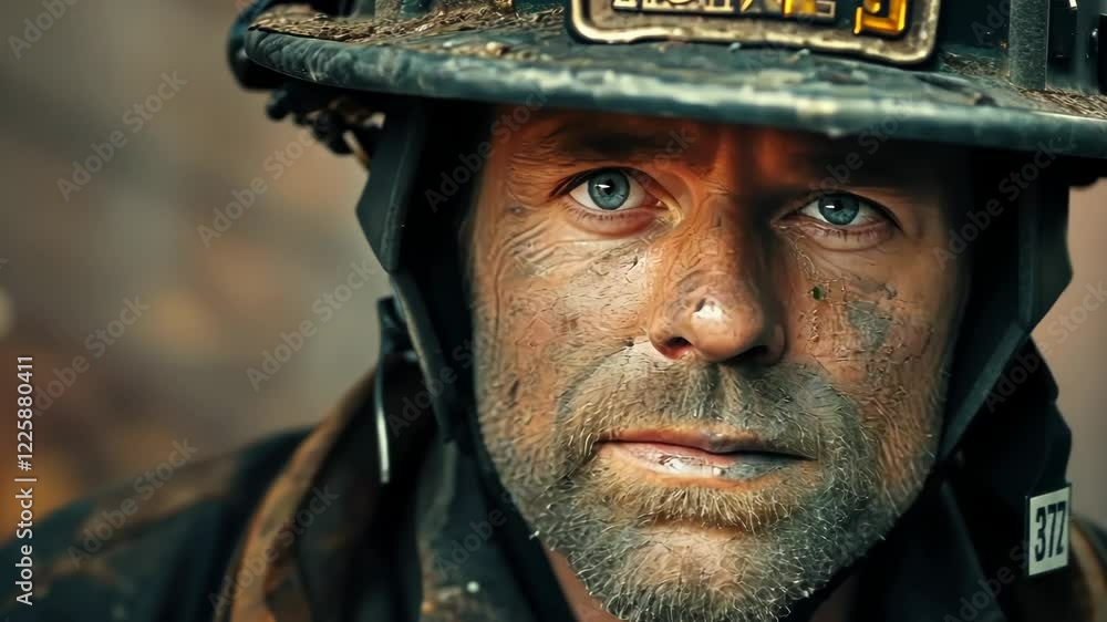 Close-up of a gritty male miner with a hard hat and headlamp Close-up of a gritty male miner with a hard hat and headlamp