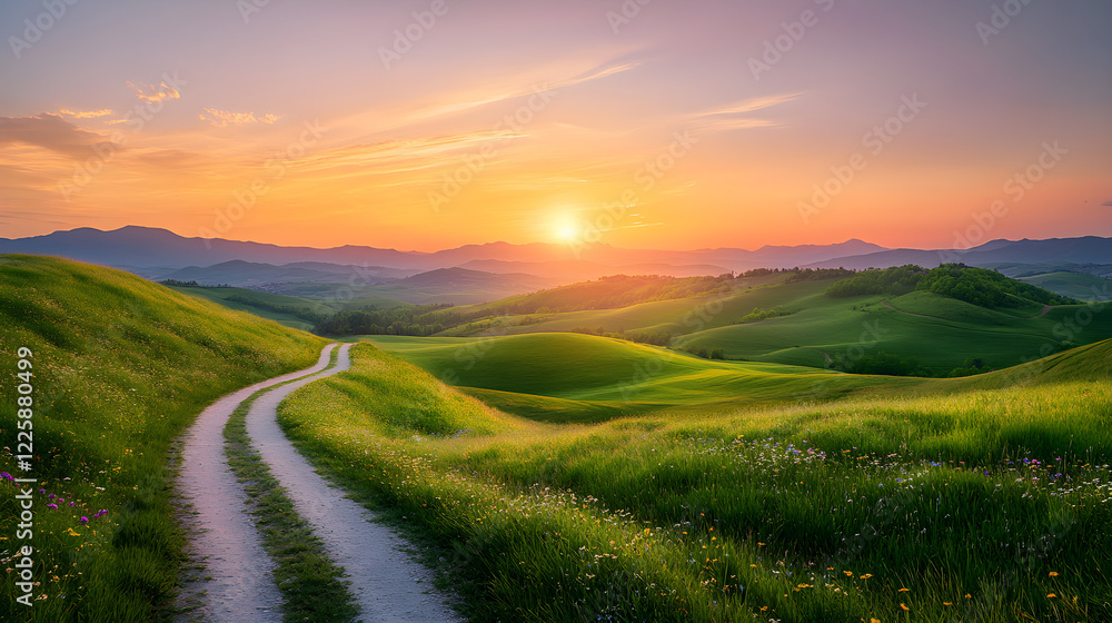 Tranquil Sunset Over Rolling Hills: A Journey on Winding Paths Through Lush Fields and Wildflower Patches Under a Vibrant Sky Tranquil Sunset Over Rolling Hills: A Journey on Winding Paths Through Lush Fields and Wildflower Patches Under a Vibrant Sky