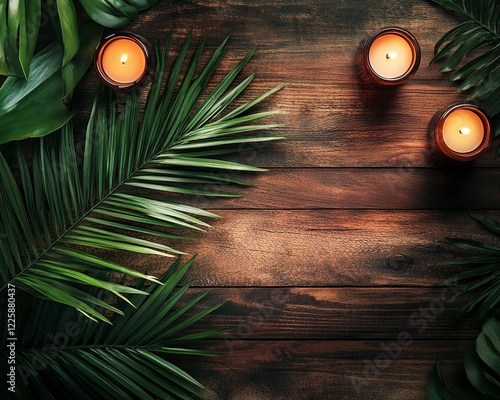 Serene Tropical Candlescape: Amber Jars, Palm Leaves, Dark Wood photo