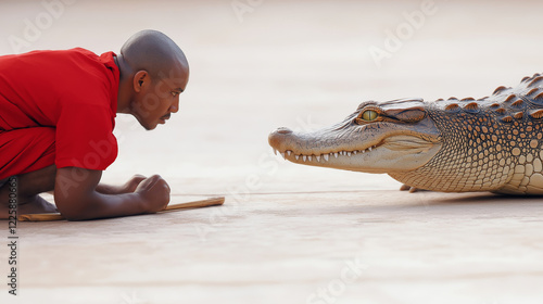 Experienced crocodile tamer wearing vibrant red attire kneeling near massive reptile, demonstrating fearless connection during dramatic wildlife performance photo