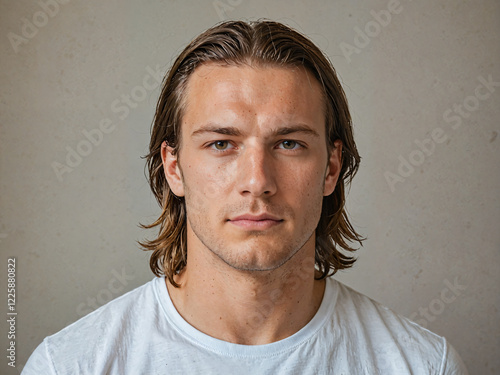 Retrato de un hombre de piel blanca con cabello corto de pie en el interior de una habitación vistiendo una camiseta blanca casual 