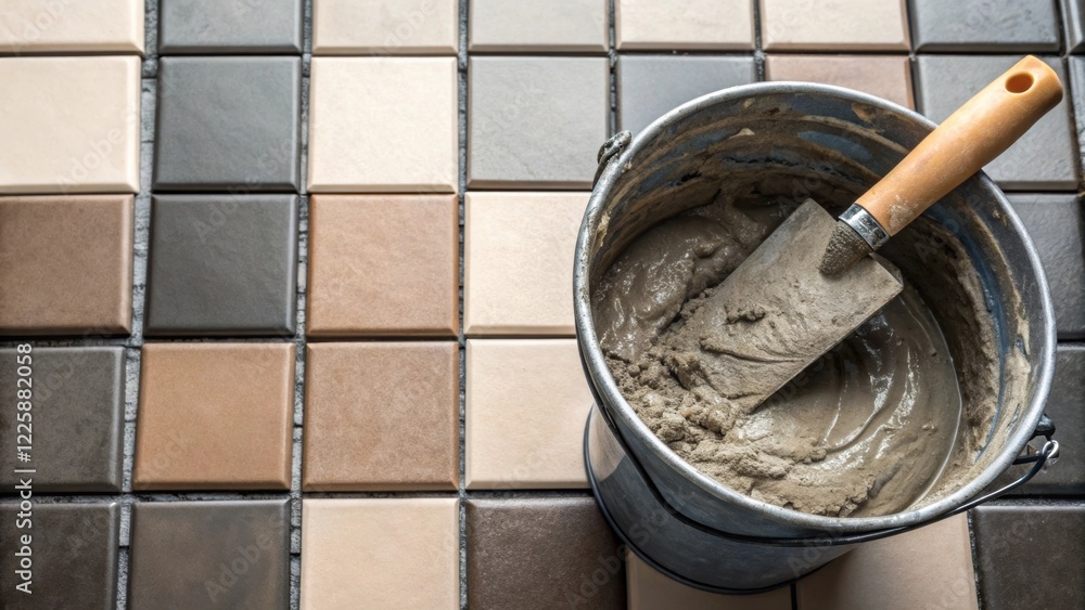 A closeup of a bucket filled with mixed grout with a trowel resting on the edge surrounded by tered tiles encapsulating the tools used for the renovation project. A closeup of a bucket filled with mixed grout with a trowel resting on the edge surrounded by tered tiles encapsulating the tools used for the renovation project.