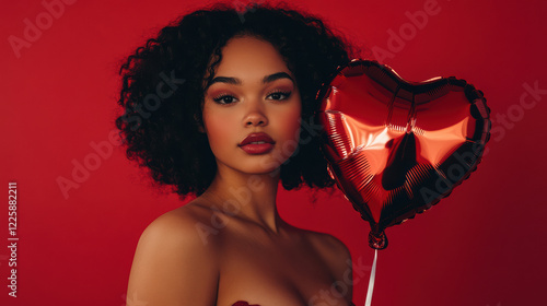 a beautiful woman holding a heart-shaped balloon against a red background. Valentines day concept