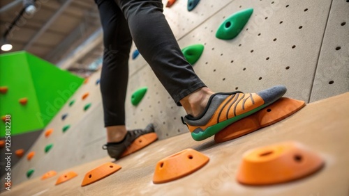 A closeup of a climbers foot maneuvering over an innovative foothold design that mimics natural foot placements showcasing functionality while blending with the overall wall