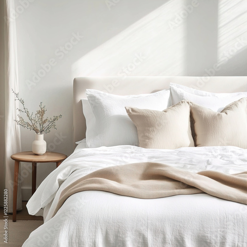 Bright white home bedroom interior, clean fresh white bed linen and pillows on bed, cozy morning room decor