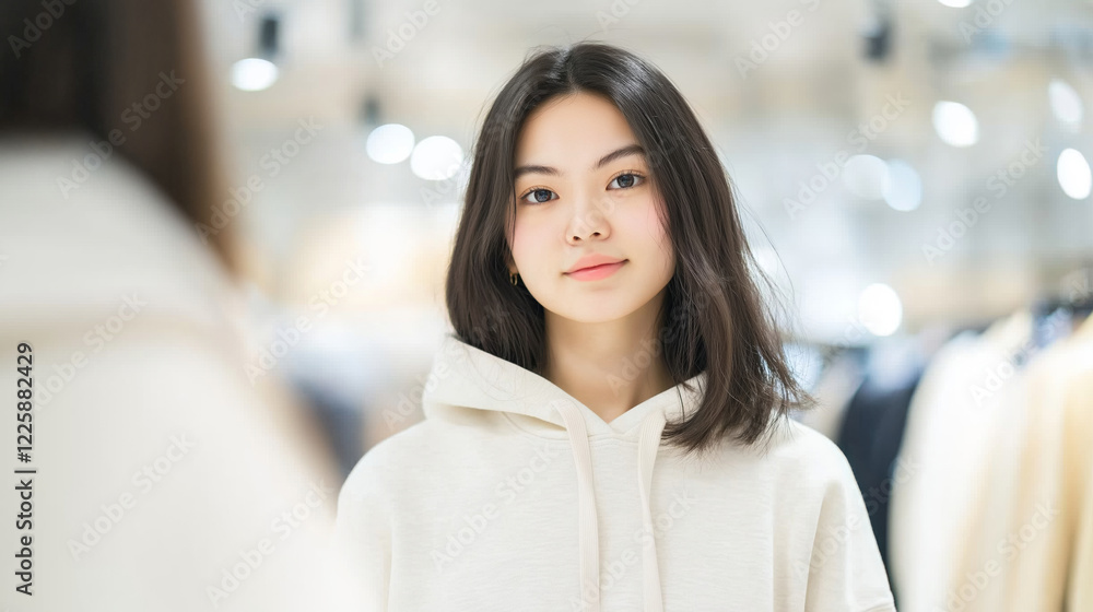 Young Asian woman trying on a white hoodie while checking her reflection in a mirror in a modern clothing store, enjoying shopping and choosing new outfits Young Asian woman trying on a white hoodie while checking her reflection in a mirror in a modern clothing store, enjoying shopping and choosing new outfits