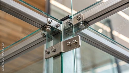 A closeup of a glass partition frame being secured with metal brackets showcasing the intricate details of the hardware used for stability.