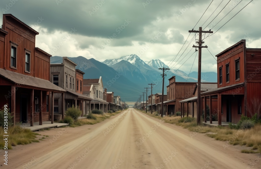 Deserted dusty street in western town. Wooden buildings line road. Cloudy sky above. Mountains in background. Empty, quiet. Abandoned buildings with empty storefronts. Looks like ghost town. Ideal Deserted dusty street in western town. Wooden buildings line road. Cloudy sky above. Mountains in background. Empty, quiet. Abandoned buildings with empty storefronts. Looks like ghost town. Ideal
