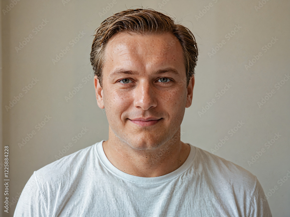 Obraz premium Retrato de un hombre de piel blanca con cabello corto de pie en el interior de una habitación vistiendo una camiseta blanca casual 